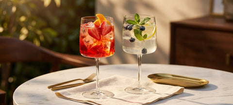 Two summer cocktails, one red with strawberries and one pale with blueberries and mint, in stemmed spritz glasses on a marble terrace table