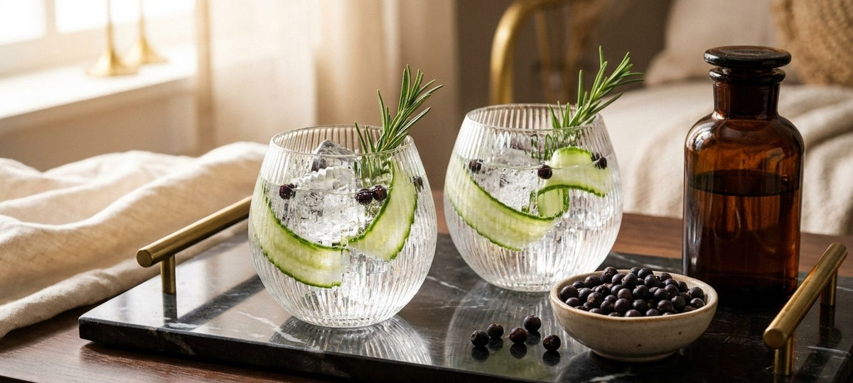 Zwei gerippte Art-Deco-Gin-Ballongläser mit Gin Tonic, Gurke und Rosmarin auf einem Marmortablett