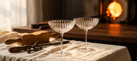 Two seashell-ribbed crystal coupe glasses on a linen-covered workbench beside glassblowing tools with a furnace glow behind