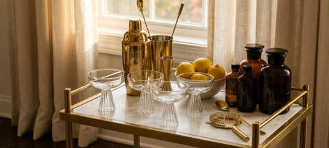 A brass bar cart set with crystal coupe glasses, a cocktail shaker, jigger, strainer, lemons and unlabeled bottles
