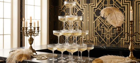 A tower of ribbed Art Deco coupe glasses filled with champagne with ostrich feathers, pearls and a brass candelabra against a gold Art Deco wall