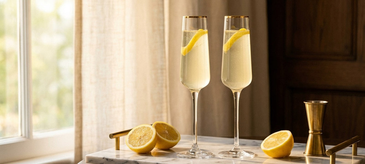 Two French 75 cocktails with lemon twists in gold-rimmed champagne flutes on a marble tray beside cut lemons