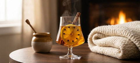 A steaming hot toddy with a clove-studded lemon wheel and cinnamon stick in a short-stem snifter glass beside a honey pot and a wool blanket by a fire