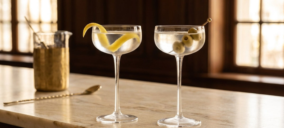 Two classic dry martinis with a lemon twist and olives in Nick and Nora coupe glasses on a marble bar in warm window light