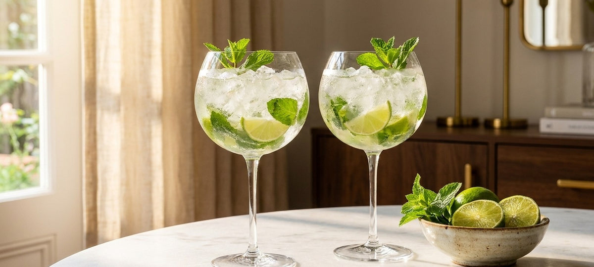 Two mojitos with crushed ice, mint and lime in large balloon goblet glasses on a marble table in summer light