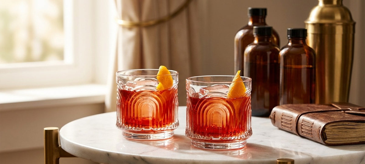 Two Negroni cocktails with orange peel in ribbed Art Deco lowball glasses on a marble side table