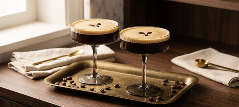Two espresso martinis with crema and coffee beans in smoke black ribbed coupe glasses on a brass tray