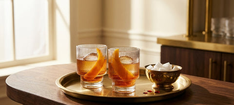Two Old Fashioned cocktails with orange peel in ribbed Art Deco lowball glasses on a brass tray with sugar cubes
