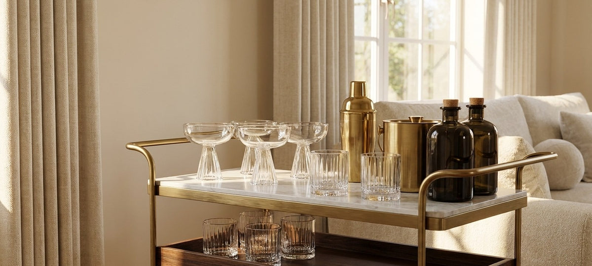A brass and marble bar cart in a living room stocked with crystal coupes, ribbed lowball glasses, a shaker and an ice bucket