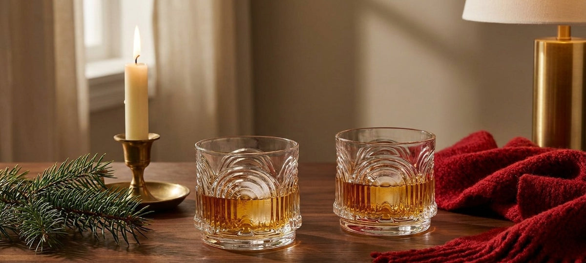 Två Art Deco-lowballglas med whisky på is bredvid ett stearinljus, en grankvist och en röd halsduk