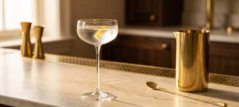 Nick-&-Nora-Glas mit klarem, eiskaltem Martini und Zitronenzeste auf hellem Marmor neben einem Messing-Rührglas