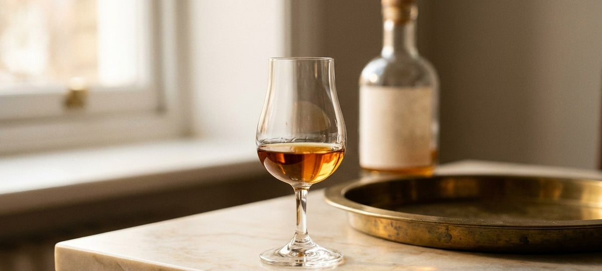 Tulpenförmiges Nosing-Glas mit Stiel und einem kleinen Schluck Whisky auf einer hellen Marmorplatte neben einem Messingtablett