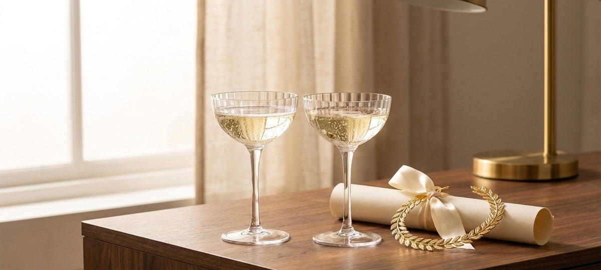 Due coppe da champagne in cristallo rigato con prosecco accanto a una pergamena di laurea e una corona d'alloro su una scrivania in noce