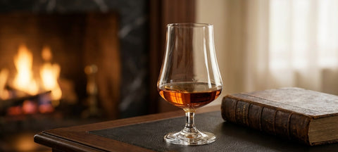 A crystal brandy snifter with a measure of cognac on a leather-topped side table beside a book, fireplace glowing behind