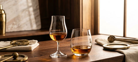 A stemmed tulip whiskey tasting glass beside a stemless tasting tumbler, both with whiskey, on a dark wood bar