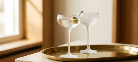 Verre à martini Nick & Nora en cristal avec une olive sur un plateau en laiton, plan de marbre crème