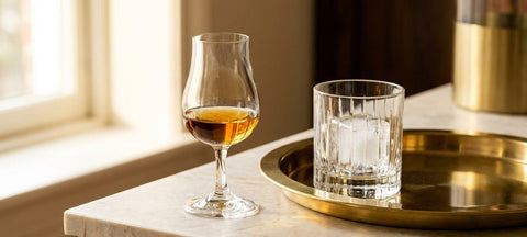 Verre à whisky tulipe en cristal et lowball Art déco avec un gros glaçon sur un plan de marbre crème