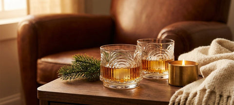Zwei Art-Deco-Lowball-Gläser mit Whisky auf Eis auf einem Holztisch neben einem Ledersessel, Tannenzweig und Kerze