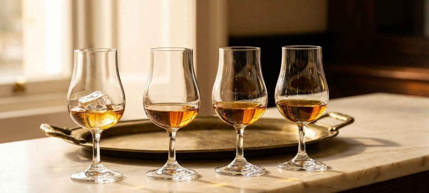 Drei Whisky-Gläser nebeneinander auf hellem Marmor: Tumbler mit Eiswürfel, Nosing-Glas mit Stiel und Snifter