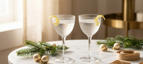 Zwei Nick-and-Nora-Gläser mit klarem Cocktail und Zitronenzeste auf einem Marmortisch mit Tannenzweigen und goldenen Kugeln