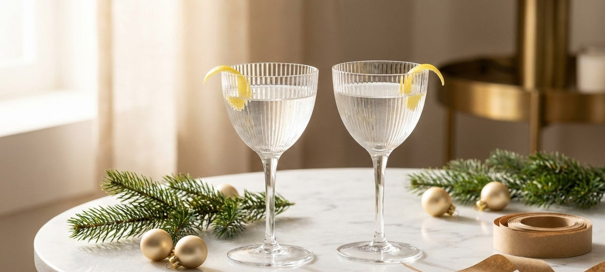 Zwei Nick-and-Nora-Gläser mit klarem Cocktail und Zitronenzeste auf einem Marmortisch mit Tannenzweigen und goldenen Kugeln