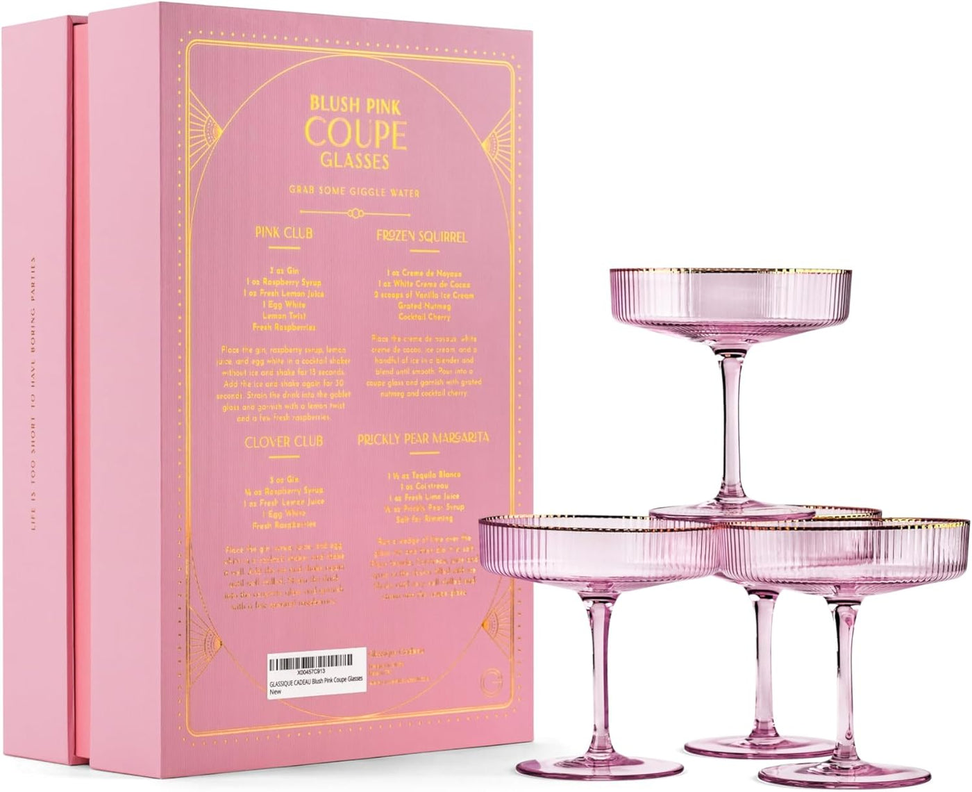 Art Deco Blush Pink Coupe Glasses with Gold Rims Gift Set of 4 – set scale and proportions