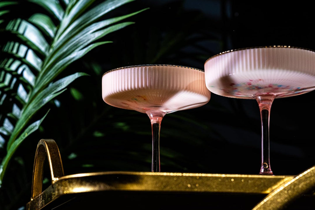 Vintage Art Deco Blush Pink Coupe Glasses with Gold Rims | Set of 4 | 7 oz