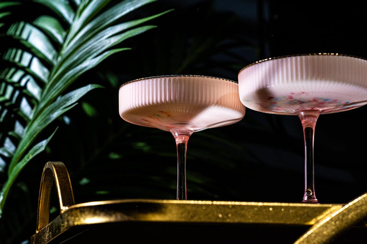 Vintage Art Deco Blush Pink Coupe Glasses with Gold Rims | Set of 4 | 7 oz