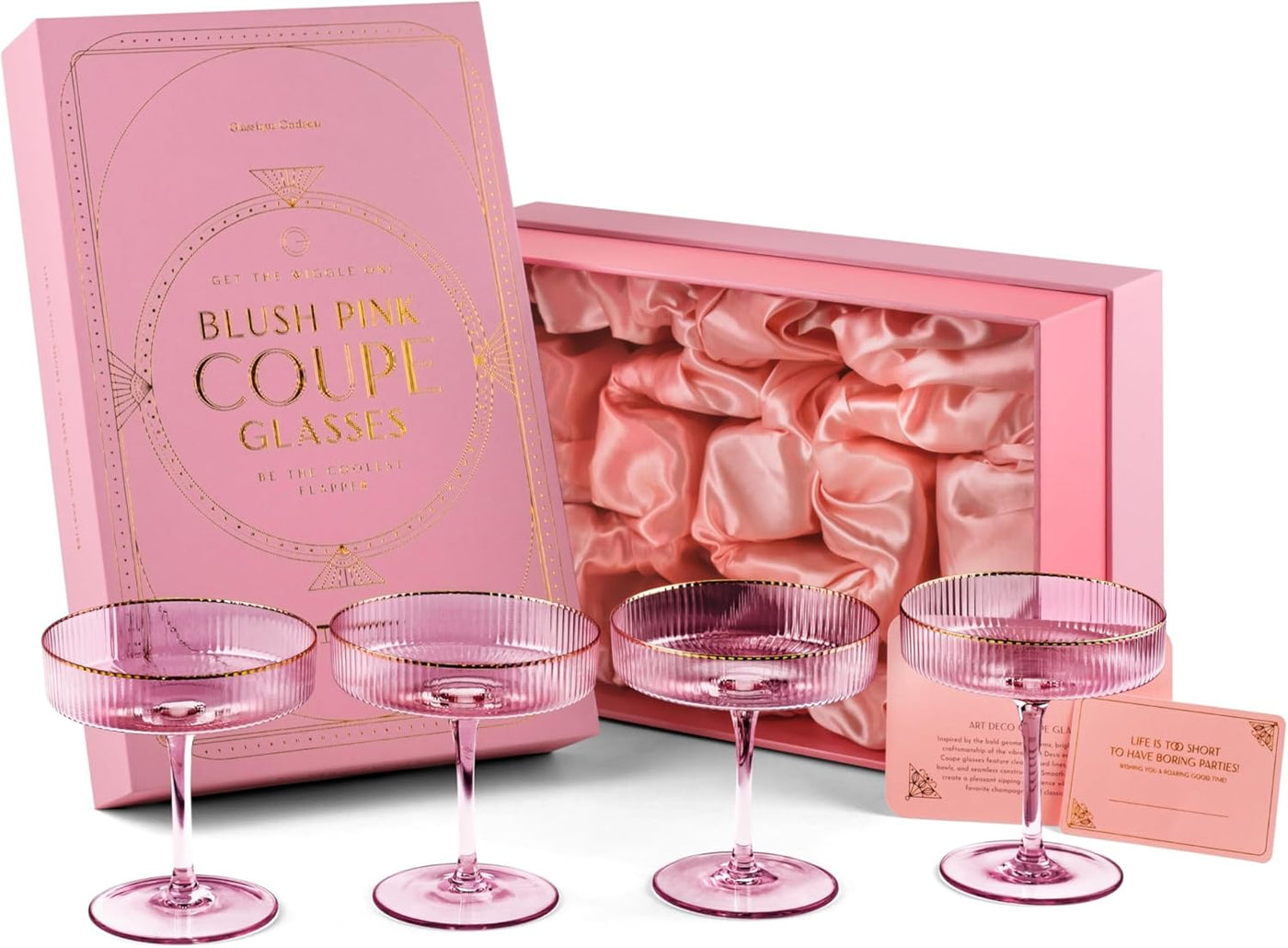 Art Deco Blush Pink Coupe Glasses with Gold Rims Gift Set of 4 – detail of hand-polished crystal rim