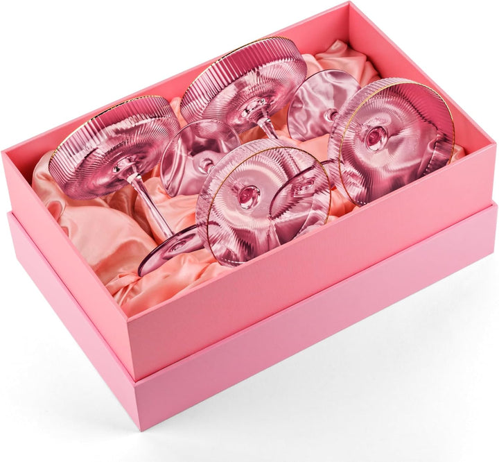 Vintage Art Deco Blush Pink Coupe Glasses with Gold Rims | Set of 4 | 7 oz