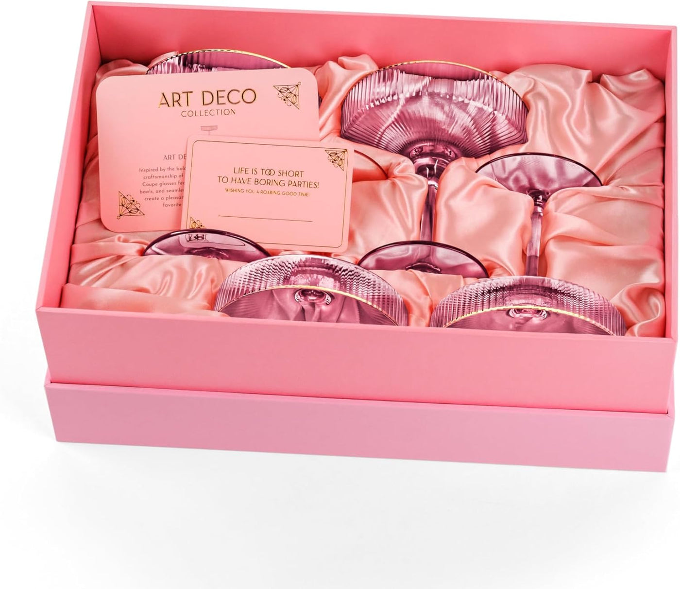 Art Deco Blush Pink Coupe Glasses with Gold Rims Gift Set of 4 – styled gift moment
