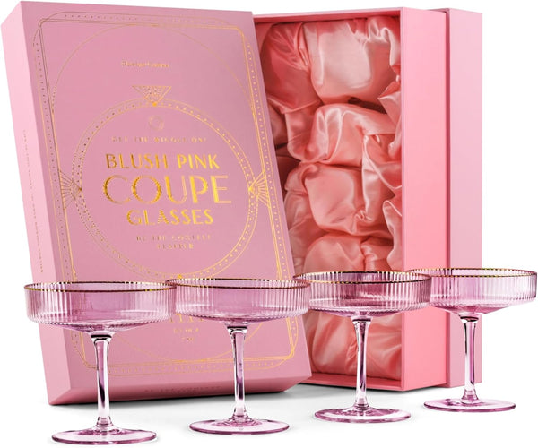 Art Deco Blush Pink Coupe Glasses with Gold Rims
