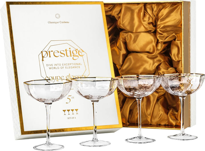 Octagonal Prestige Coupe Cocktail Glasses with Gold Rims | Set of 4 | 5 oz