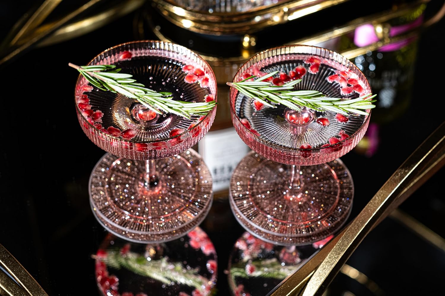 Art Deco Blush Pink Coupe Glasses with Gold Rims