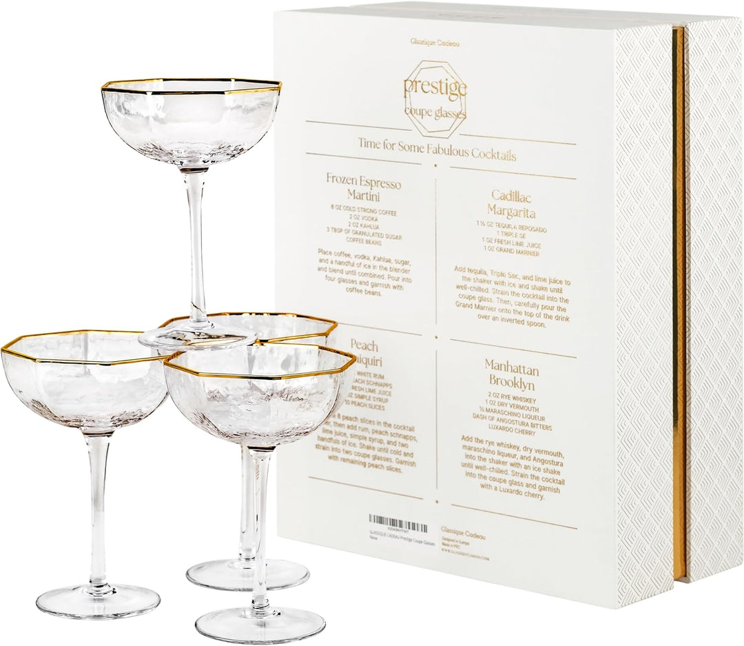 Octagonal Prestige Coupe Cocktail Glasses with Gold Rims | Set of 4 | 5 oz