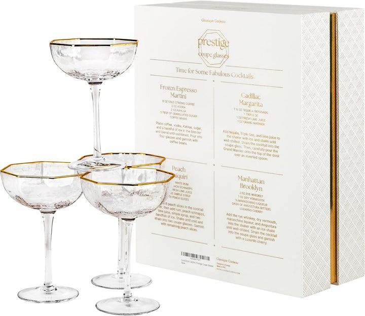 Octagonal Prestige Coupe Cocktail Glasses with Gold Rims | Set of 4 | 5 oz
