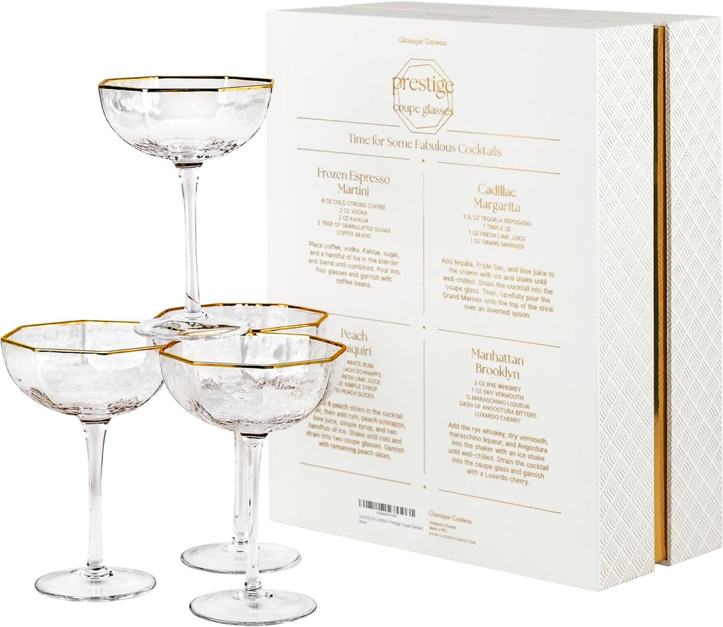 Octagonal Prestige Coupe Cocktail Glasses with Gold Rims | Set of 4 | 5 oz