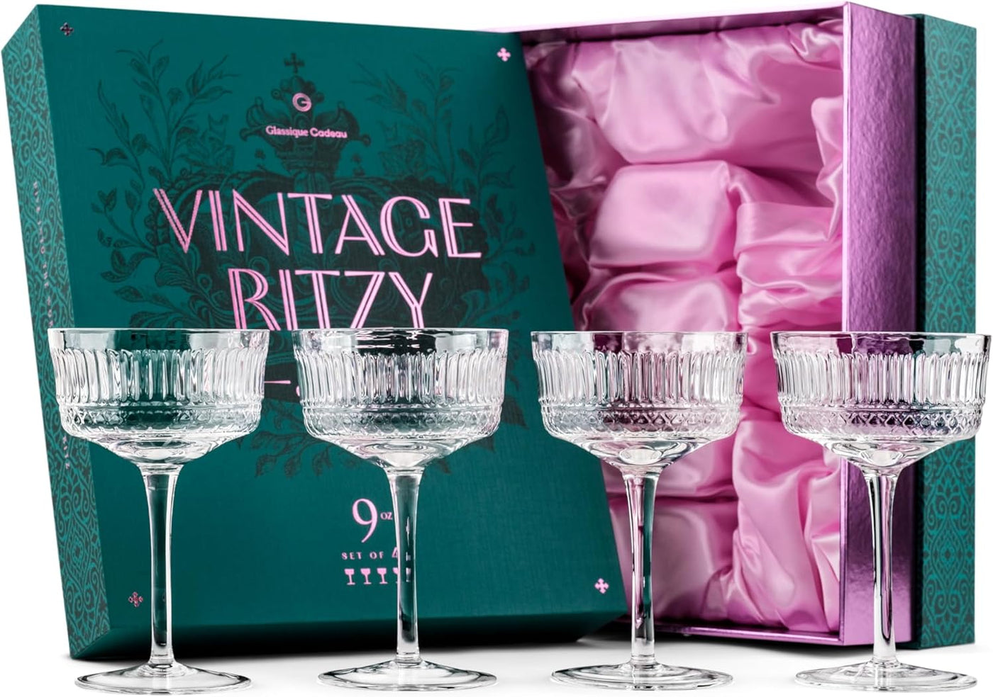 Vintage Ritzy Cocktail and Champagne Coupe Glasses Gift Set of 4 – ready-to-gift signature box