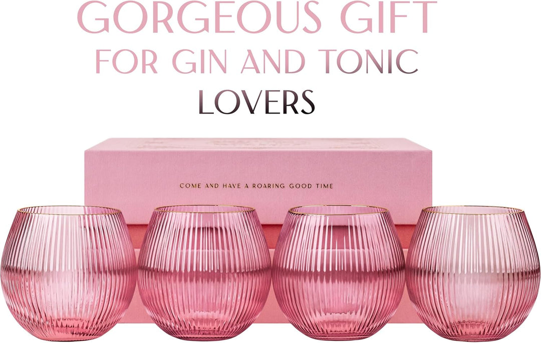 Vintage Art Deco Blush Pink Gin and Tonic Glasses with Gold Rims | Set of 4 | 13.5 oz