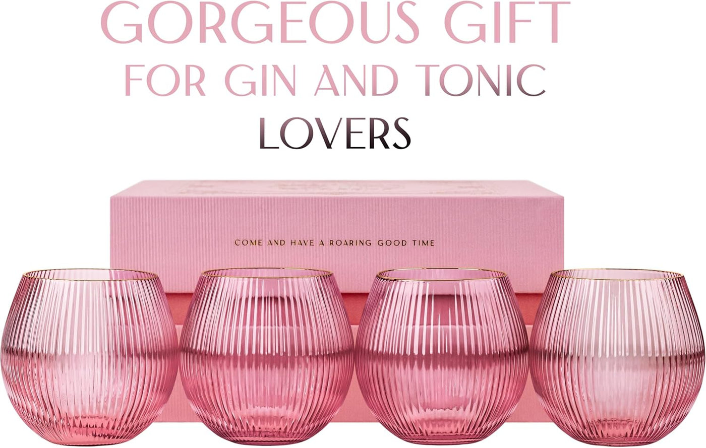 Art Deco Blush Pink Gin and Tonic Glasses with Gold Rims Gift Set of 4 – detail of hand-polished crystal rim