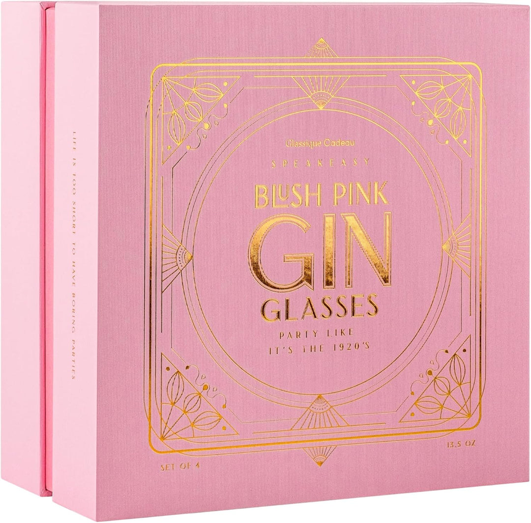 Vintage Art Deco Blush Pink Gin and Tonic Glasses with Gold Rims | Set of 4 | 13.5 oz