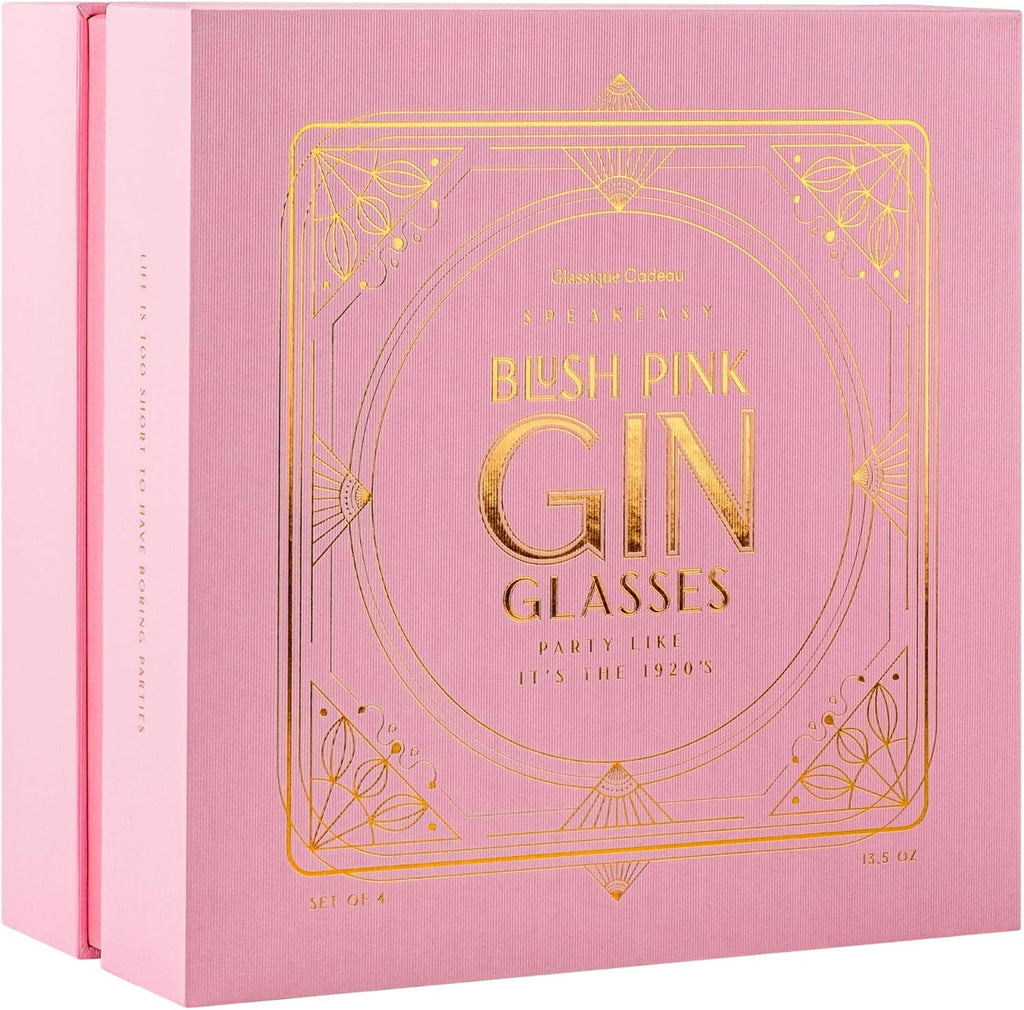 Vintage Art Deco Blush Pink Gin and Tonic Glasses with Gold Rims | Set of 4 | 13.5 oz