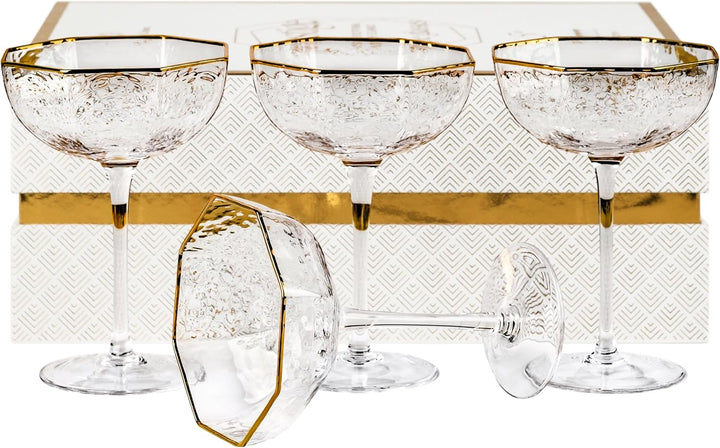 Octagonal Prestige Coupe Cocktail Glasses with Gold Rims | Set of 4 | 5 oz
