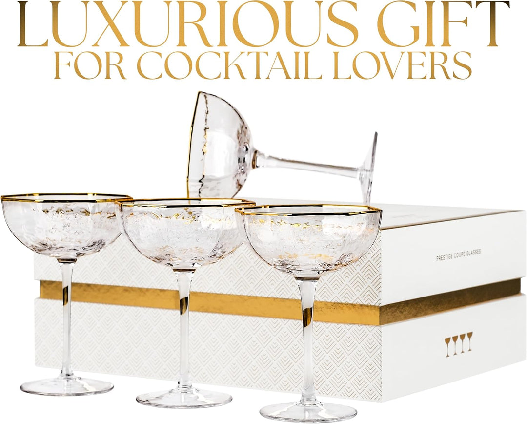 Octagonal Prestige Coupe Cocktail Glasses with Gold Rims | Set of 4 | 5 oz