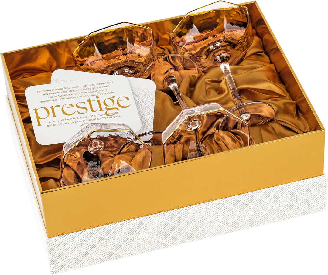 Octagonal Prestige Coupe Cocktail Glasses with Gold Rims | Set of 4 | 5 oz