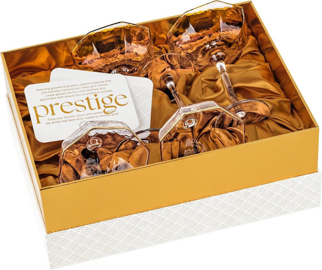 Octagonal Prestige Coupe Cocktail Glasses with Gold Rims | Set of 4 | 5 oz