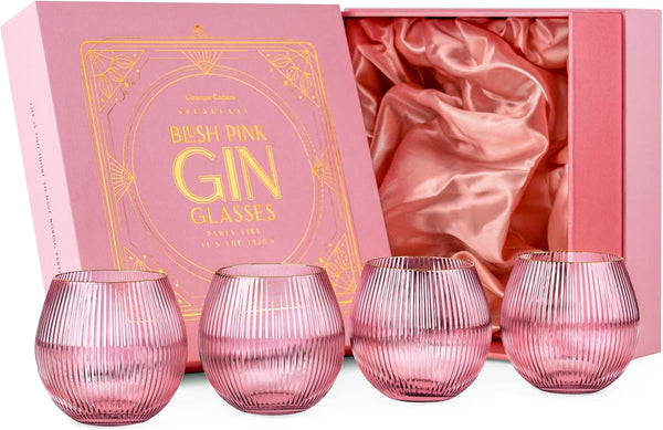 Art Deco Blush Pink Gin and Tonic Glasses with Gold Rims Gift Set of 4 – ready-to-gift signature box