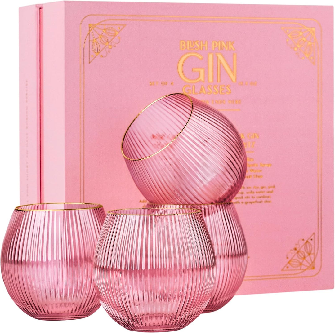 Vintage Art Deco Blush Pink Gin and Tonic Glasses with Gold Rims | Set of 4 | 13.5 oz