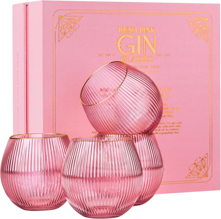 Vintage Art Deco Blush Pink Gin and Tonic Glasses with Gold Rims | Set of 4 | 13.5 oz