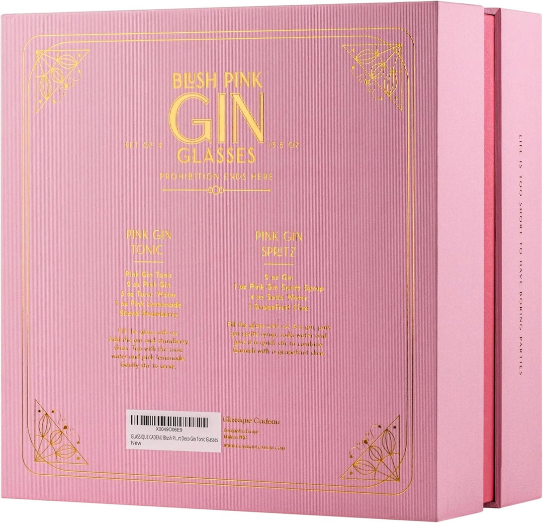 Vintage Art Deco Blush Pink Gin and Tonic Glasses with Gold Rims | Set of 4 | 13.5 oz